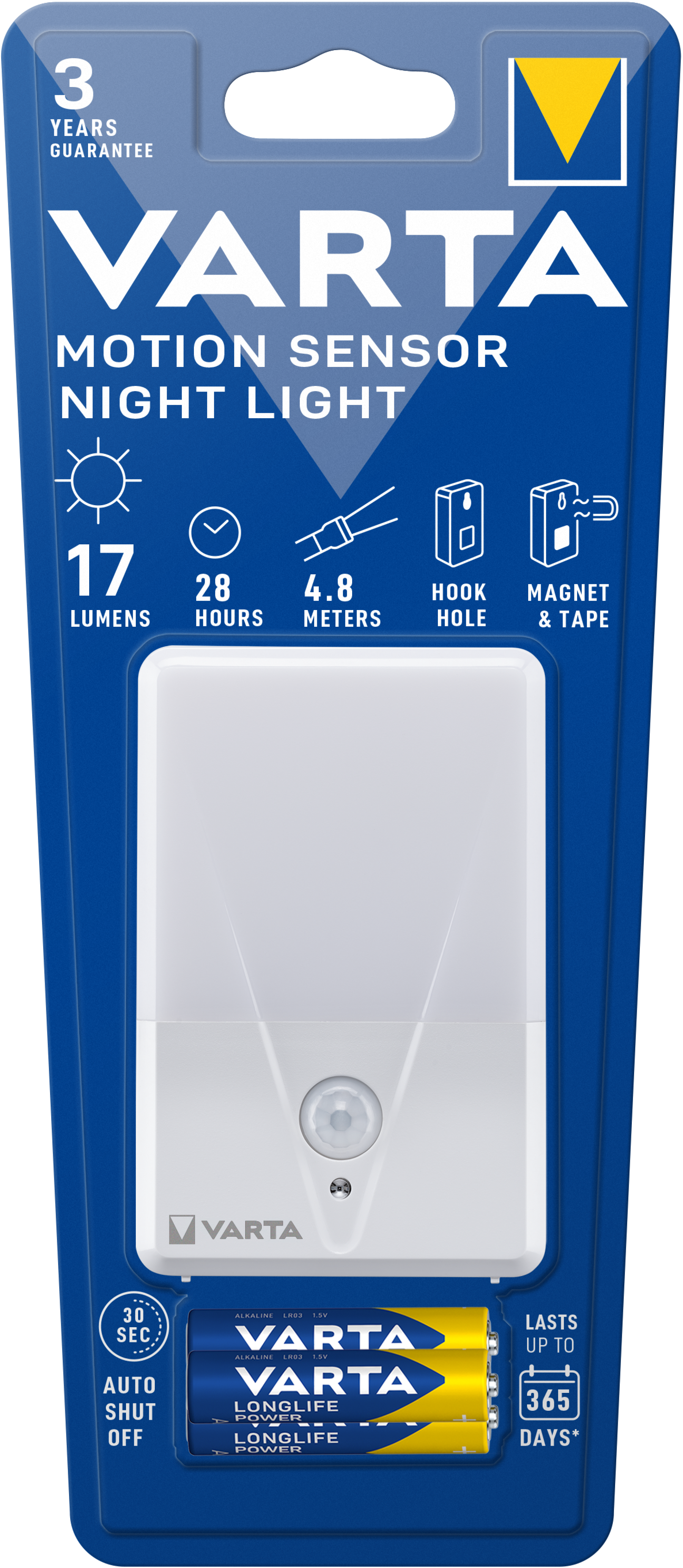 VARTA Motion Sensor Night Light (incl. 3x Longlife Power AAA Batteries with magnet + tape and hook hole for mounting