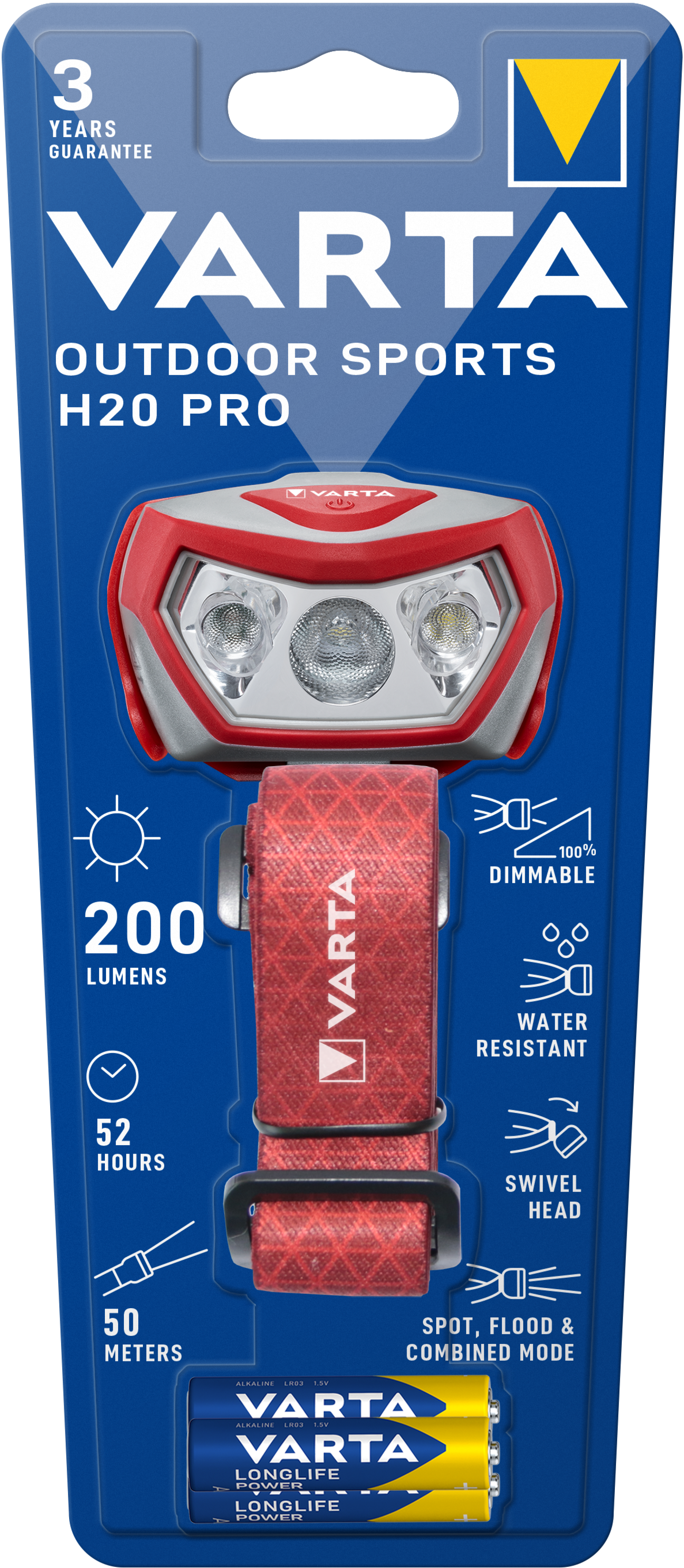 VARTA Outdoor Sports Head lamp H20 Pro 200 lumens with 3 x AAA