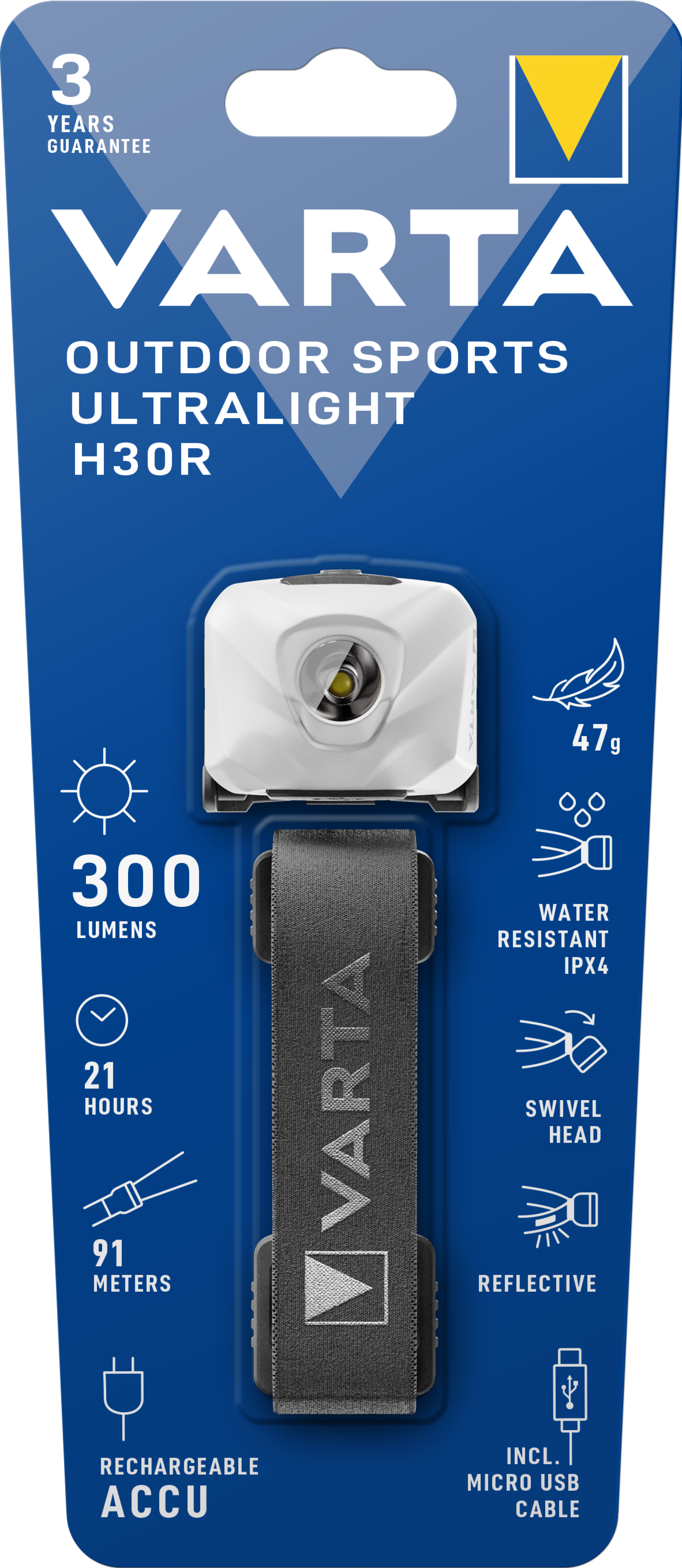 VARTA Outdoor Sports Rechargeable Head lamp Ultralight H30R 300 lumens white 