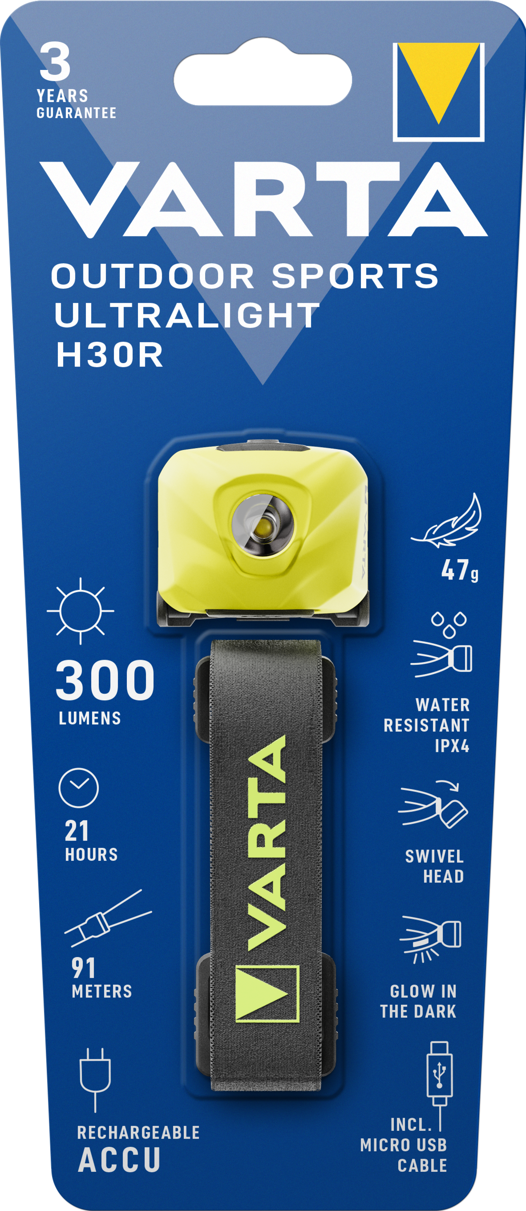 VARTA Outdoor Sports Rechargeable Head lamp Ultralight H30R 300 lumens lime