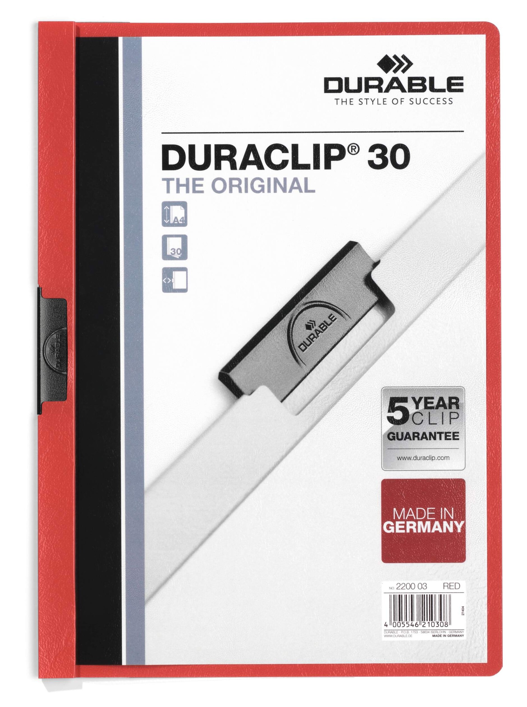 Durable DURACLIP 30 Sheet Document Metal Clip File Folder | 25 Pack | A4 Red
