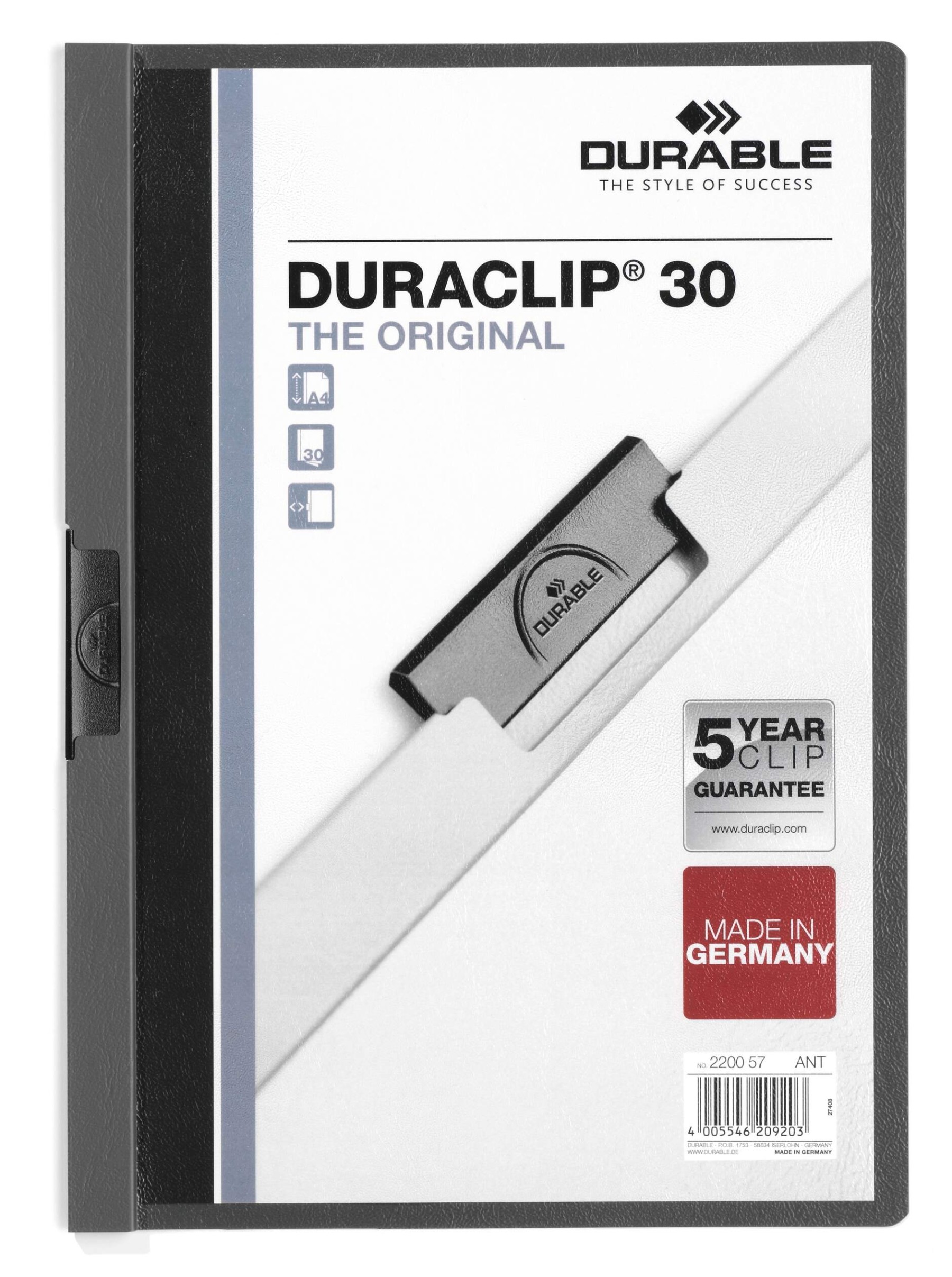 Durable DURACLIP 30 Sheet Document Metal Clip File Folder | 25 Pack | A4 Anthracite