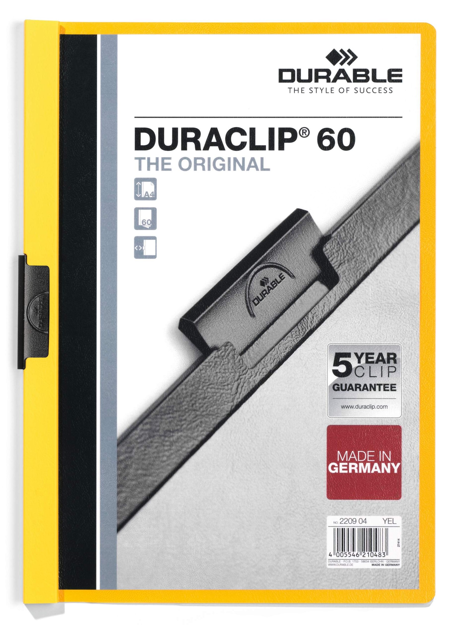 Durable DURACLIP 60 Sheet Document Metal Clip File Folder | 25 Pack | A4 Yellow