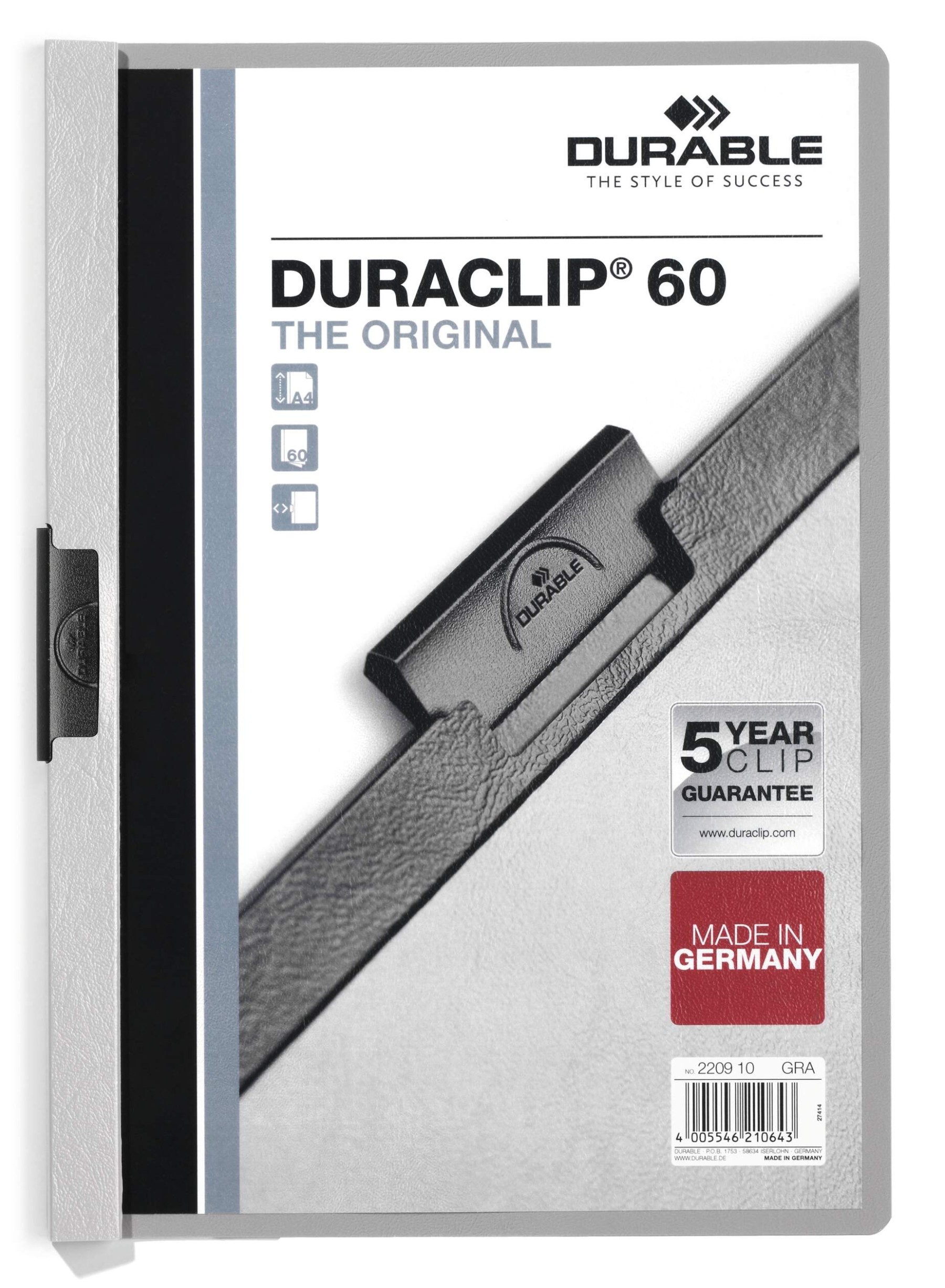 Durable DURACLIP 60 Sheet Document Clip File Folder | 25 Pack | A4 Grey