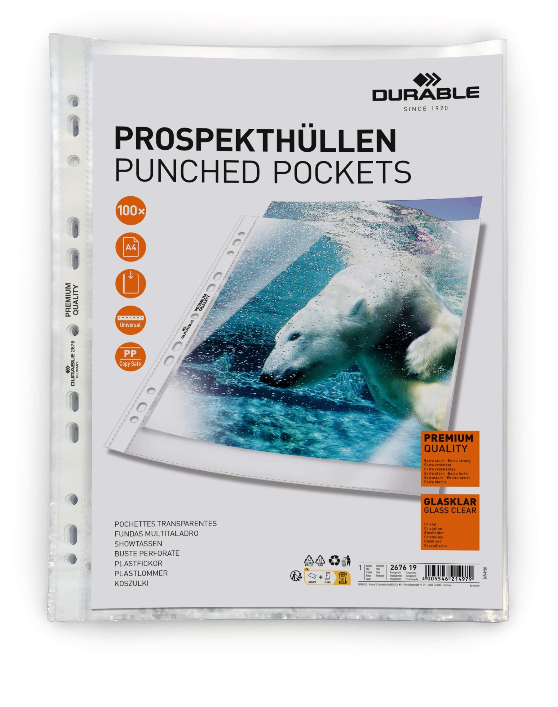Durable PREMIUM Punched Pockets Sleeve Wallets | 100 Pack | A4 Clear