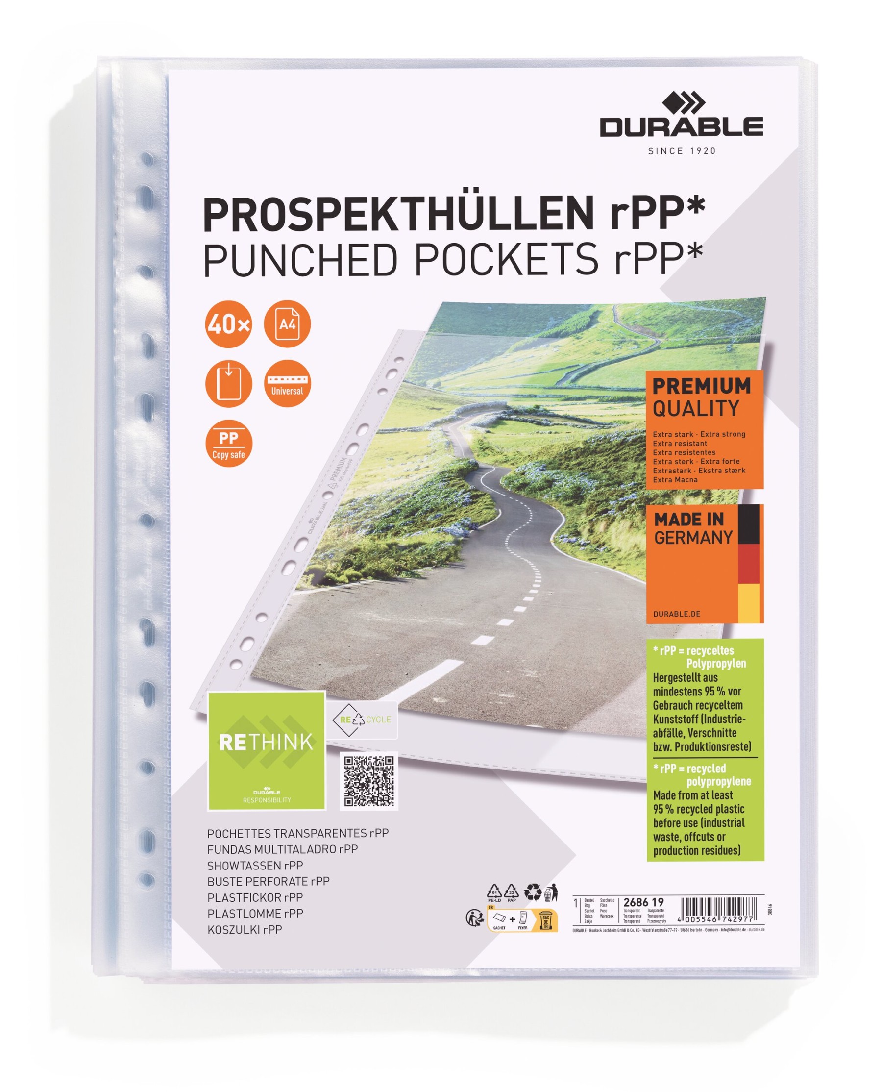 Durable Recycled Punched Pocket PREMIUM Sleeve Wallets | 40 Pack | A4 Clear