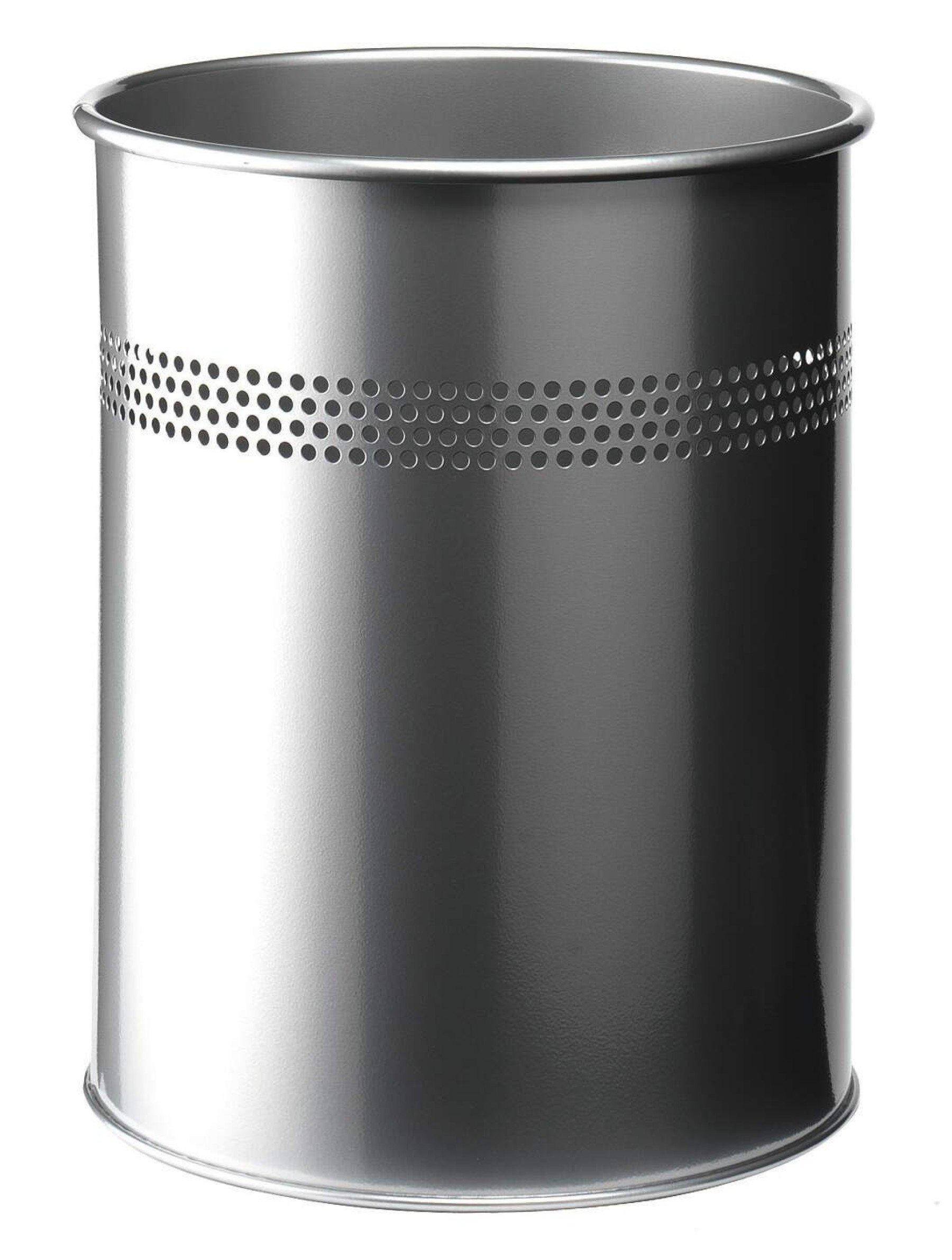 Durable Round Steel Waste Bin | 30mm Perforated Ring | 15L | Silver