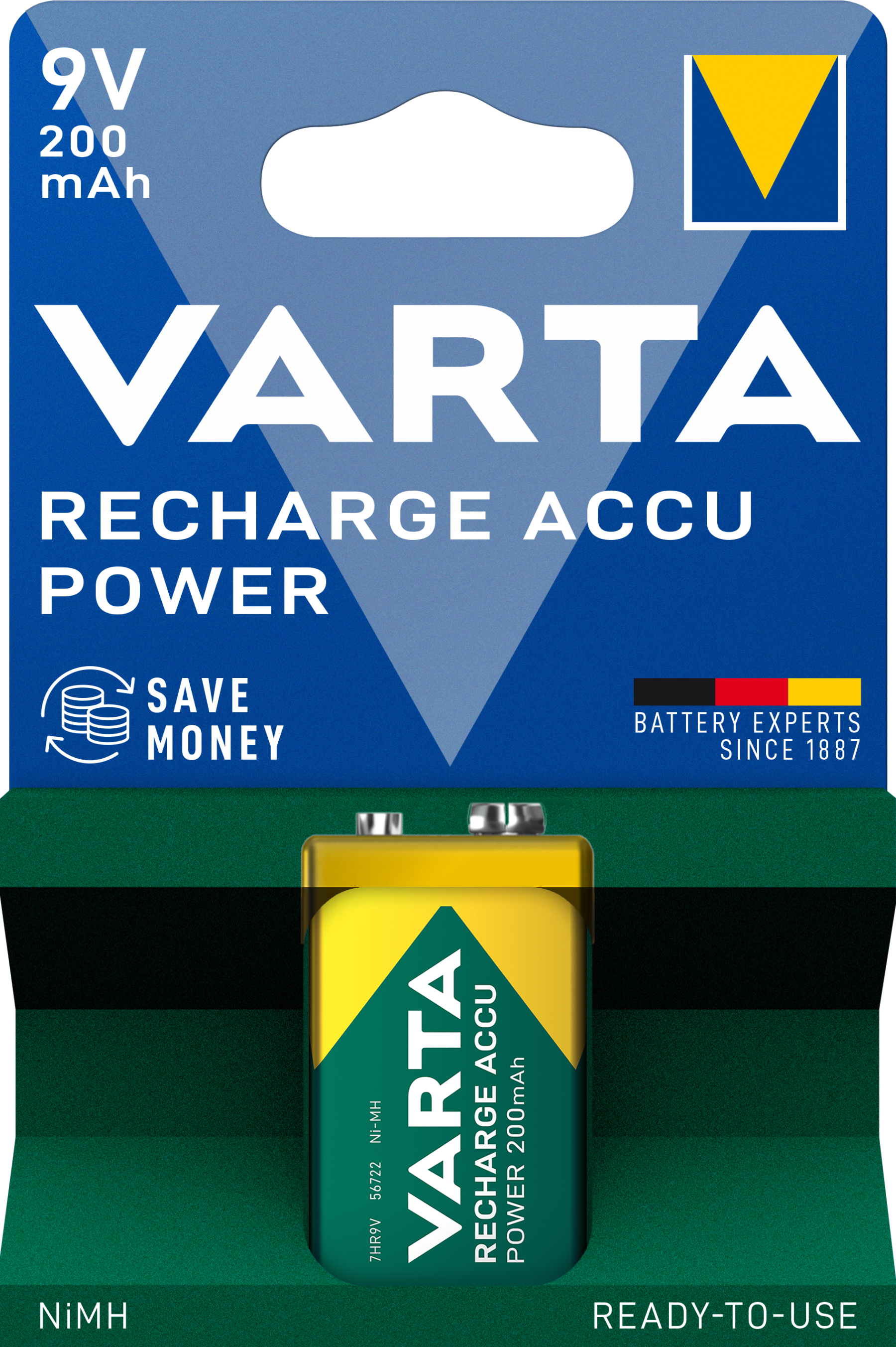 VARTA Rechargeable 9V Batteries 200mAh Pack of 1 Ready to Use