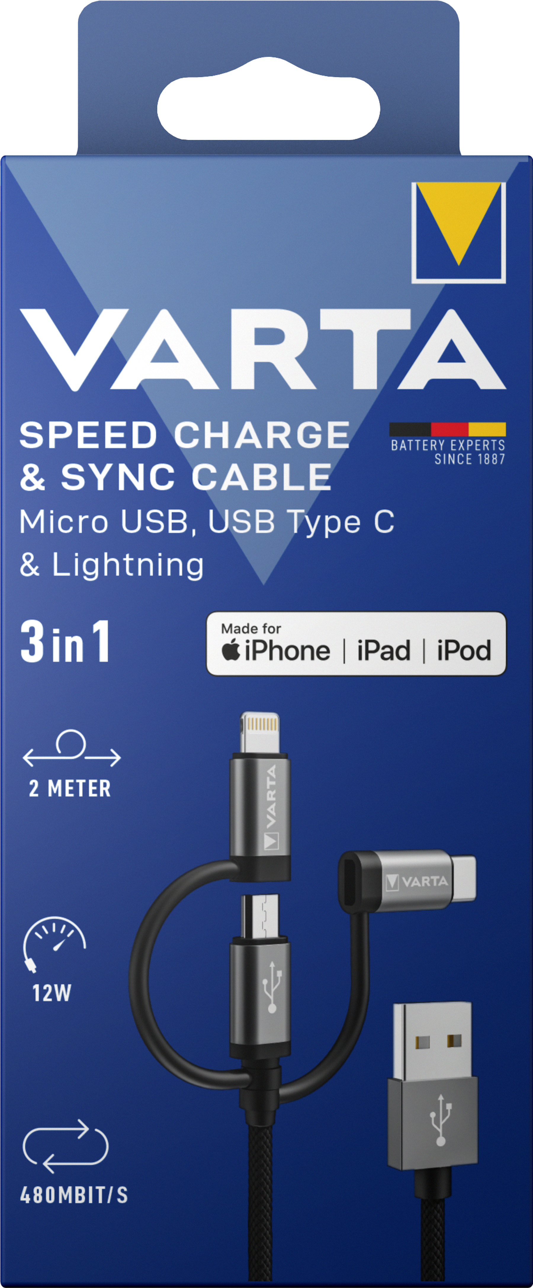 VARTA Sync&Charge 3in1 Cable USB ALight/Micro/TypeC 2m