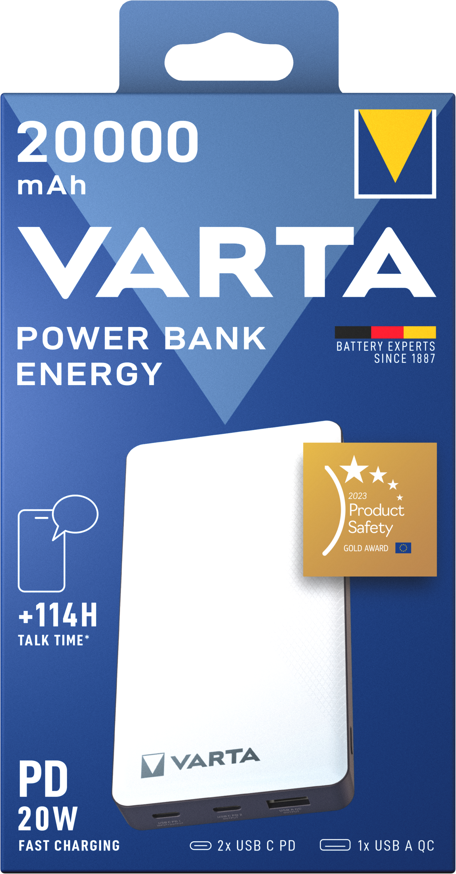 VARTA 20000mAh Energy Power Bank with 3 USB Ports, up to 20W PD & QC, USB-C Cable Included