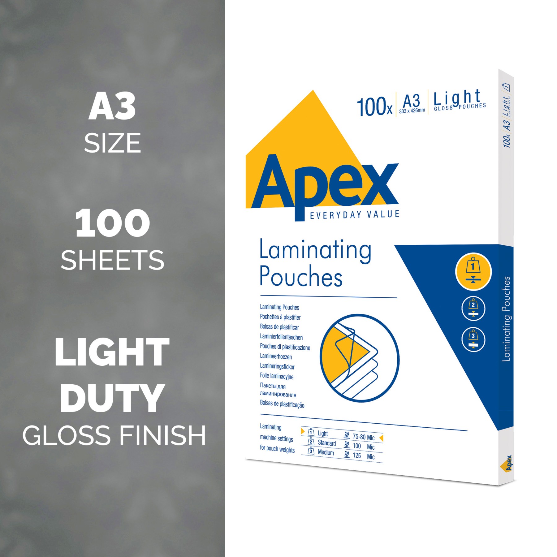 APEX LAMINATING POUCH A3 LIGHT DUTY