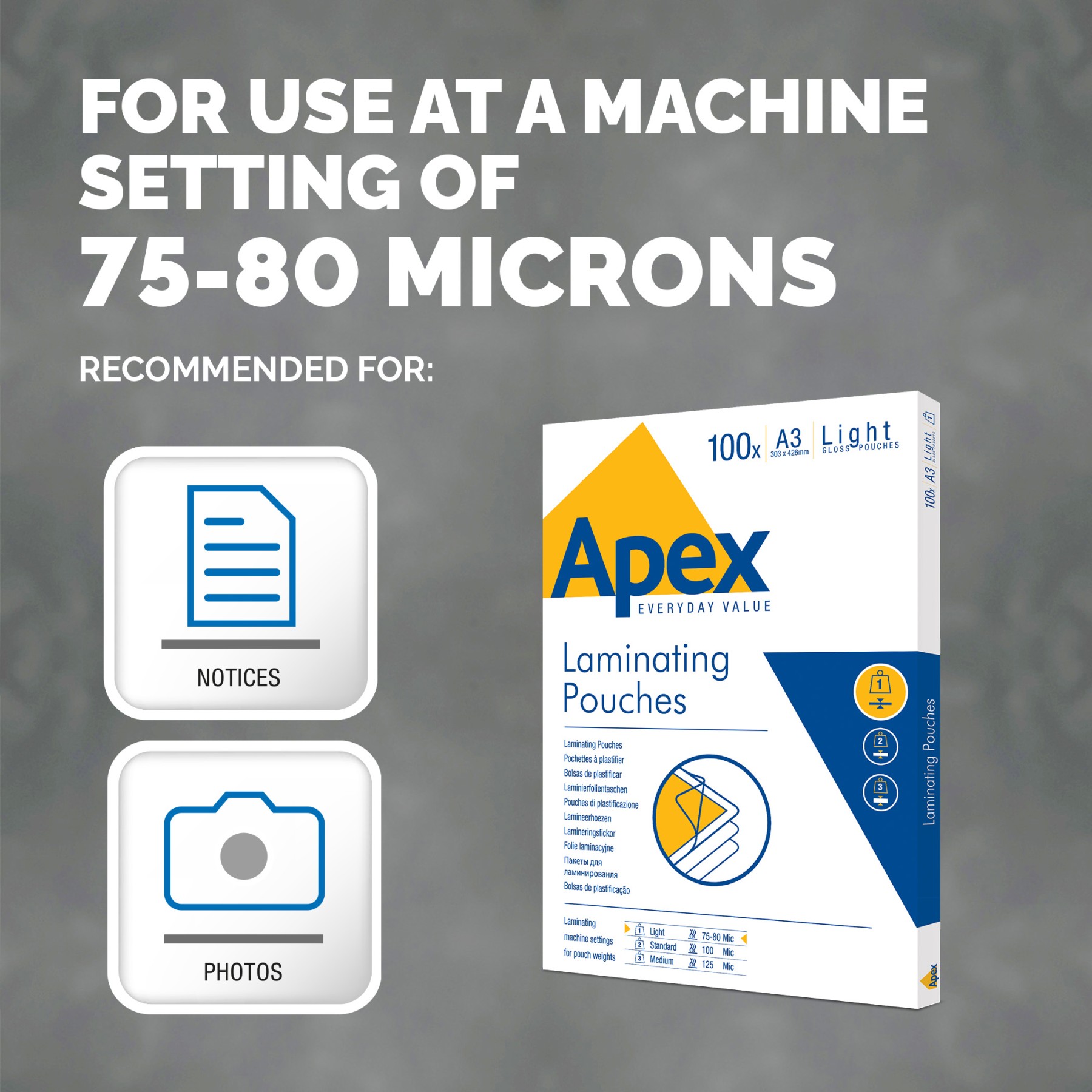 APEX LAMINATING POUCH A3 LIGHT DUTY