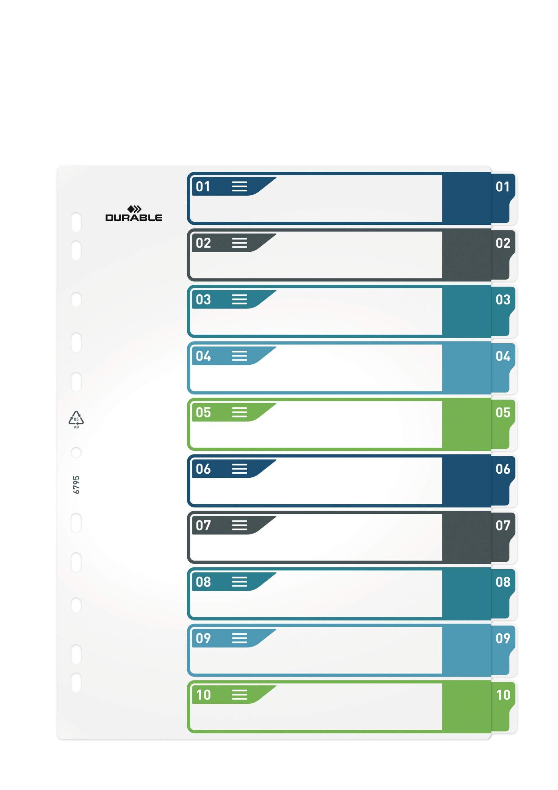 Durable 10 Part Numbered Tab Punched Index Dividers + Cover | A4+ | Colour Coded