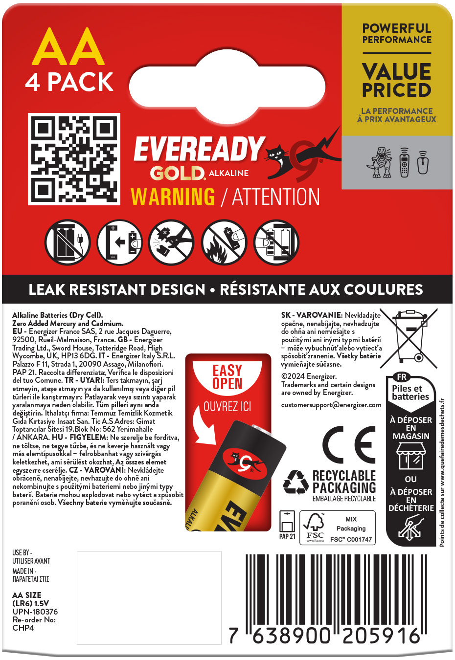 Eveready Gold Alkaline AA Battery Pack of 4