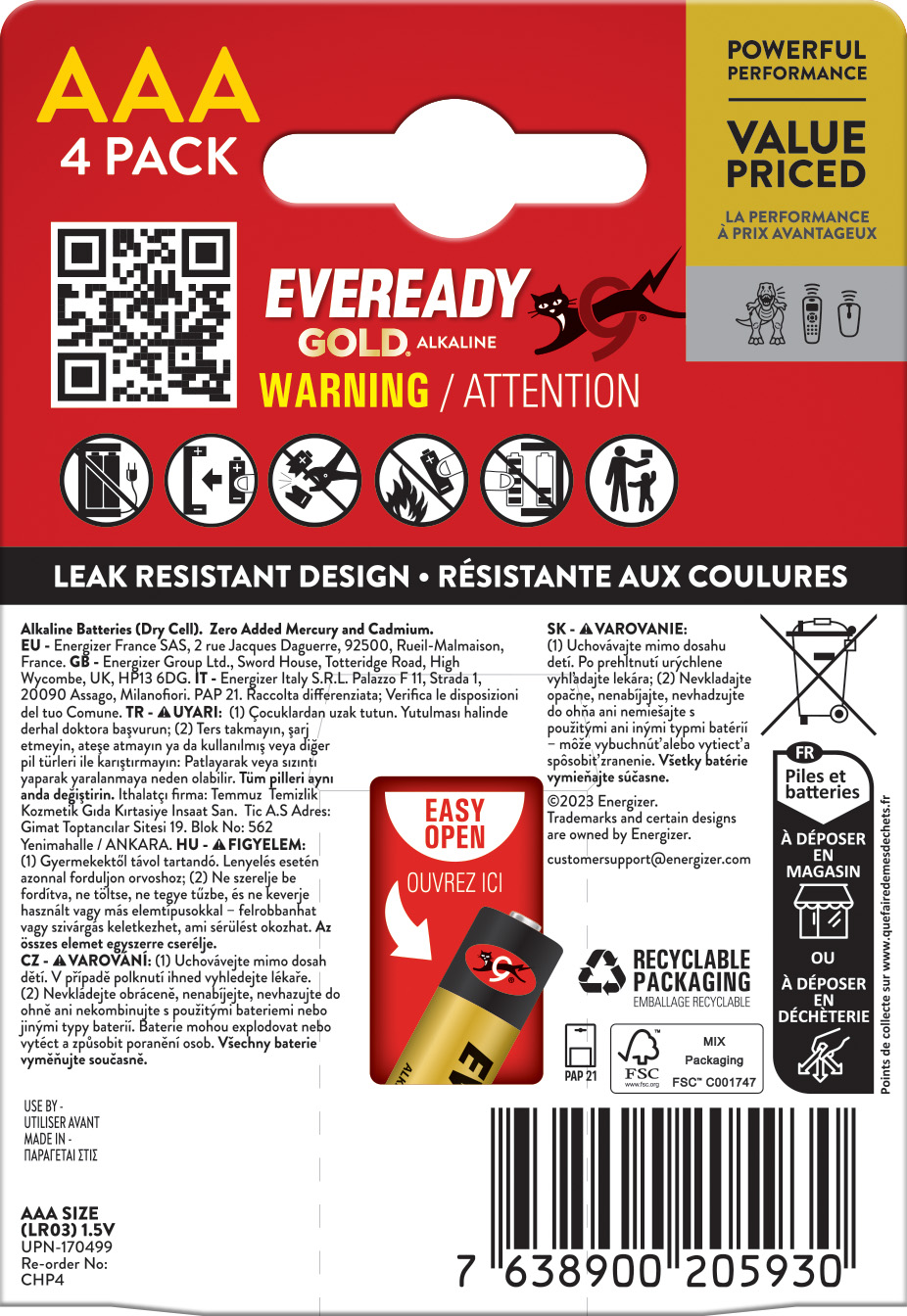 Eveready Gold Alkaline AAA Battery Pack of 4