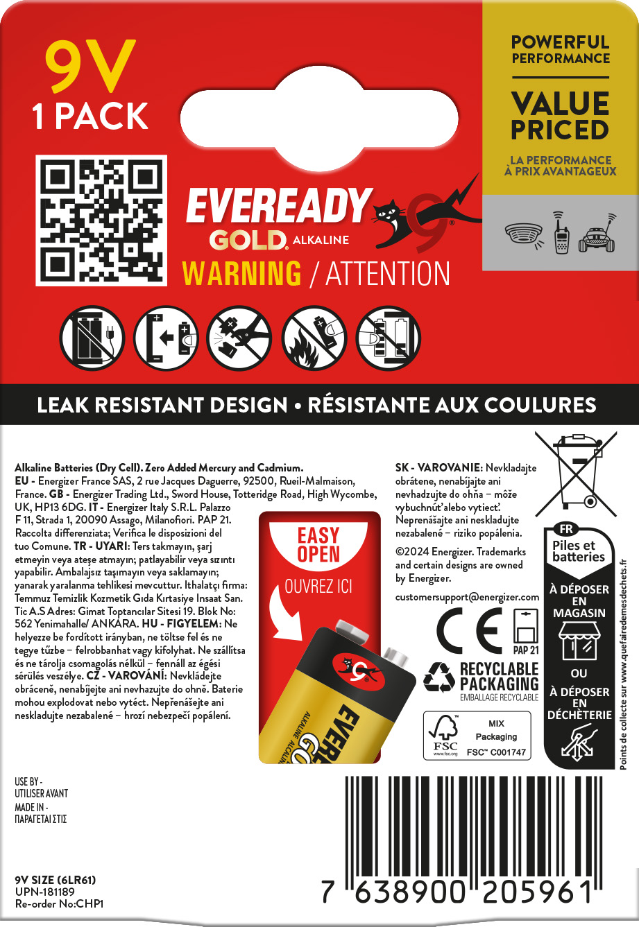 Eveready Gold Alkaline 9V Battery Pack of 1