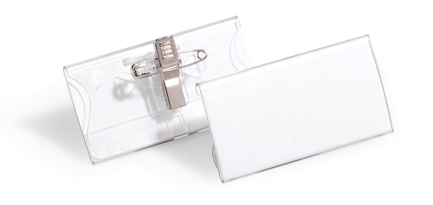 Durable Acrylic Clip & Pin Name Tag Badge Holders + Inserts | 25 Pack | 40x76mm