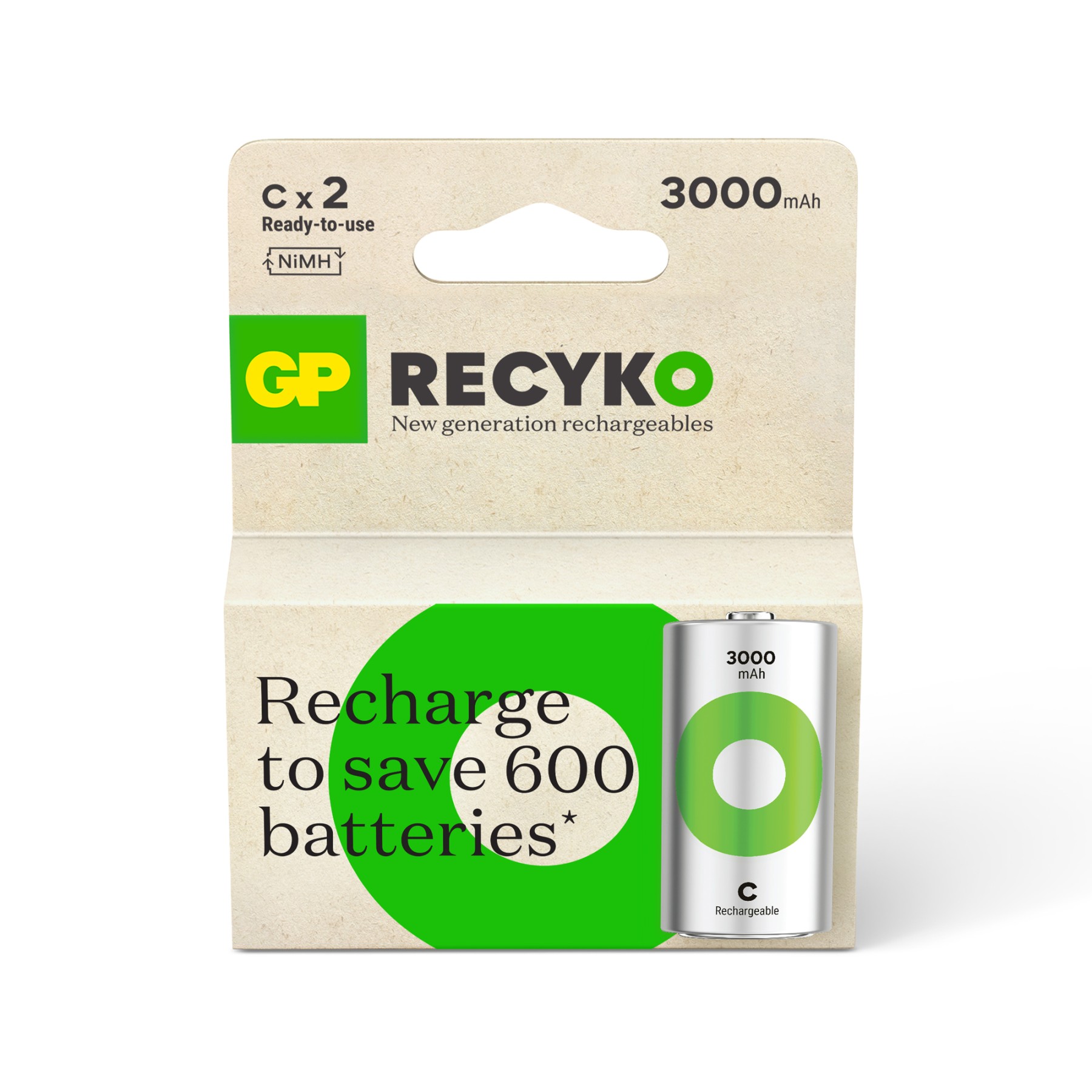 GP Recyko NiMH 3000mAh Rechargeable C Pack of 2